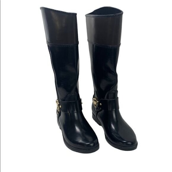 Michael Kors Fulton Harness Glossy Rubber Boots w/Gold Logo Black/Brown, Size 6 - Picture 7 of 11